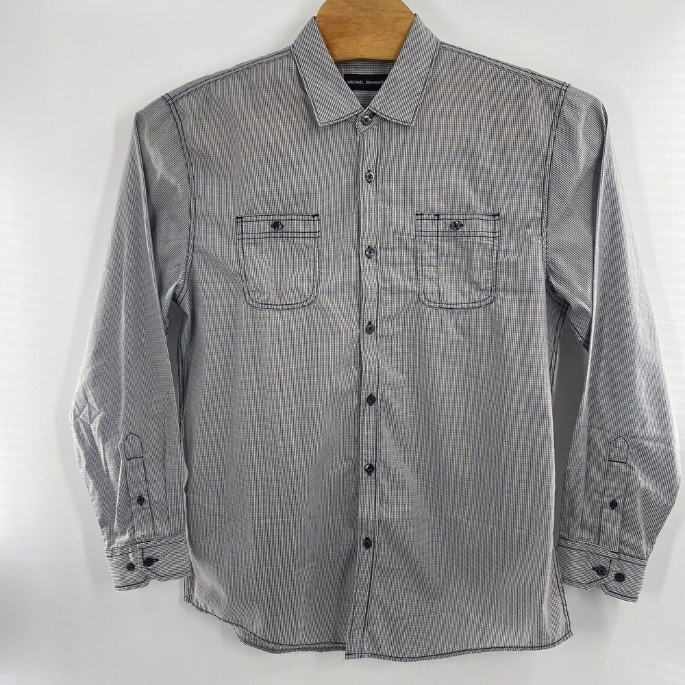 Michael Brandon Shirt Adult Large Gray Black Striped Slim Fit‎ Button Up Mens